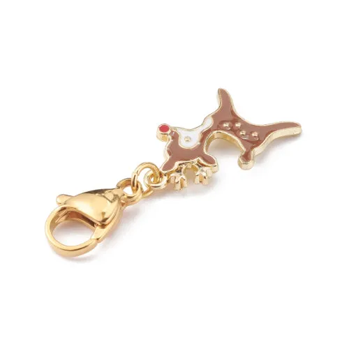 Pendants, Christmas Reindeer, With 304 Stainless Steel Lobster Clasp, Gold Plated, Single-Sided, Brown, White, Enamel, 25mm