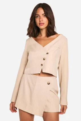 Pinstripe Collarless Oversized Boxy Cropped Blazer