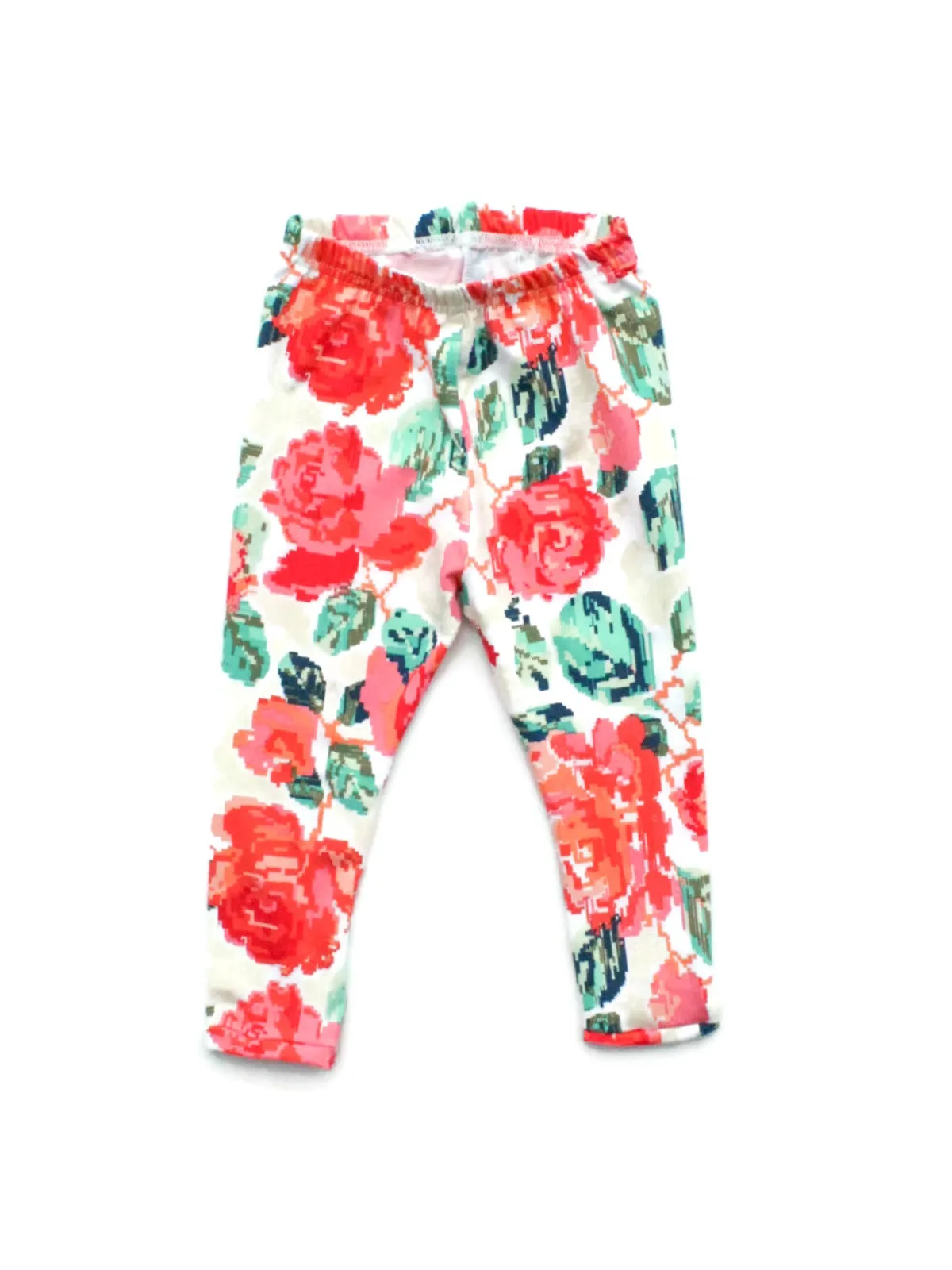 Pixelated Girls Coral and Green Flower Leggings