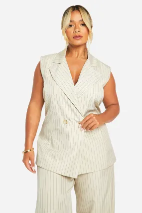 Plus Pinstripe Double Breasted Sleeveless Blazer