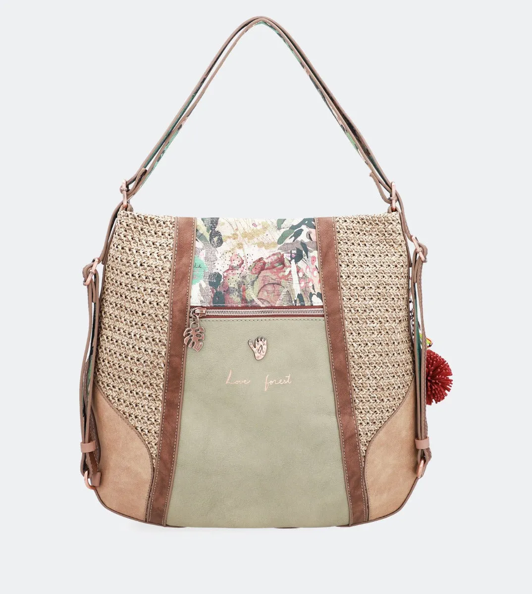 Printed raffia hobo bag-backpack