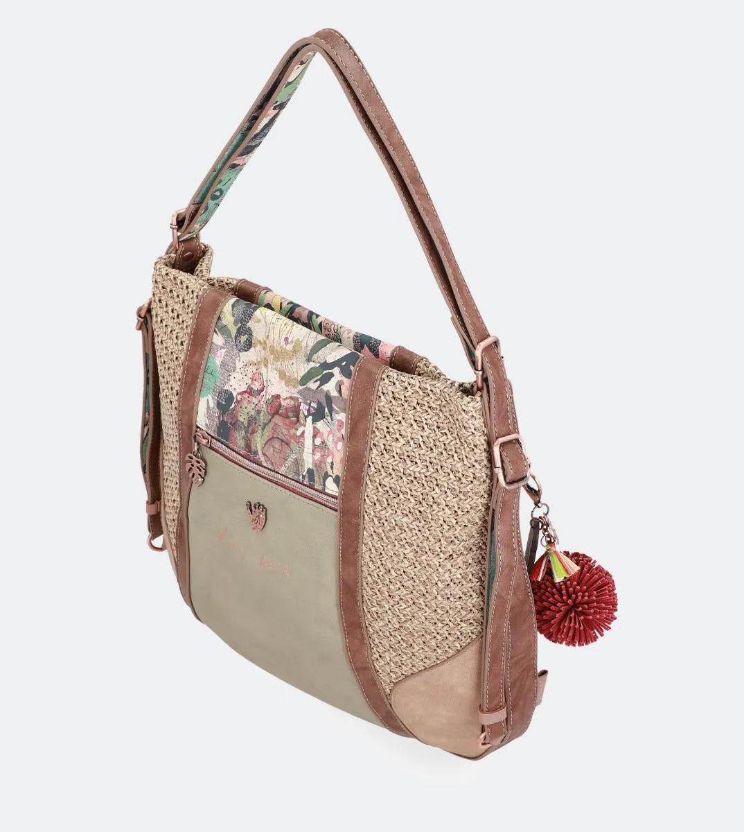 Printed raffia hobo bag-backpack