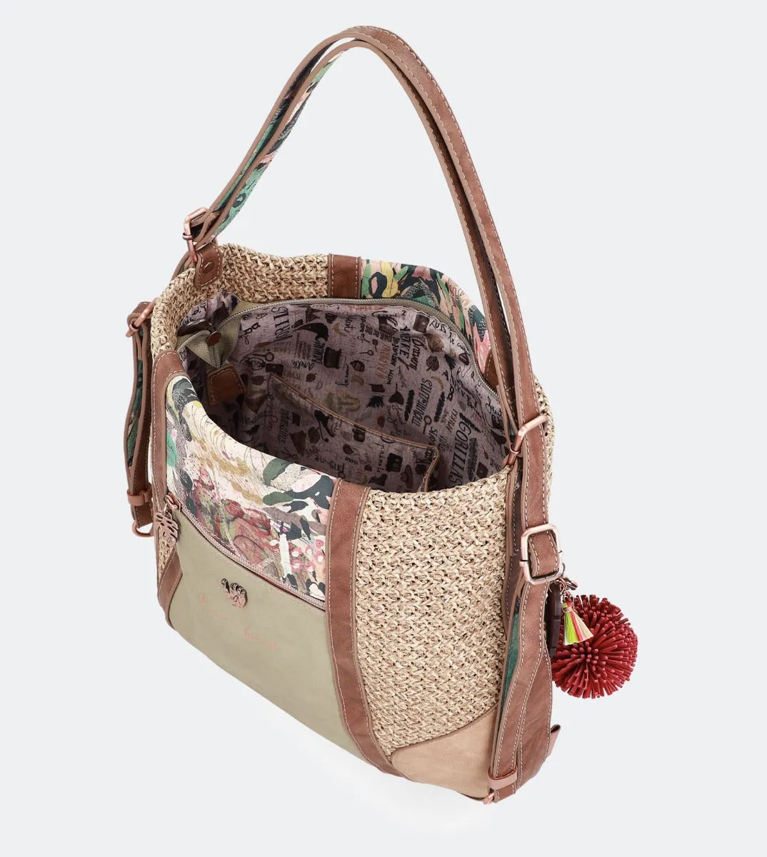 Printed raffia hobo bag-backpack