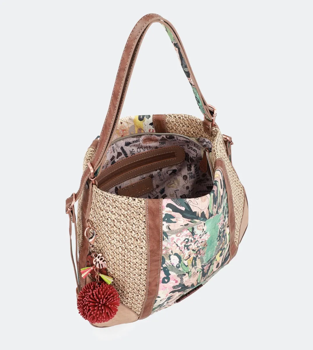 Printed raffia hobo bag-backpack