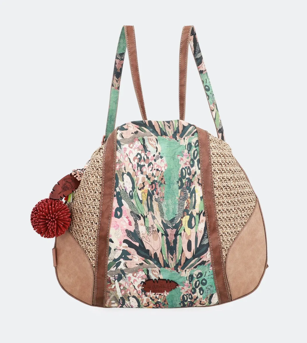 Printed raffia hobo bag-backpack