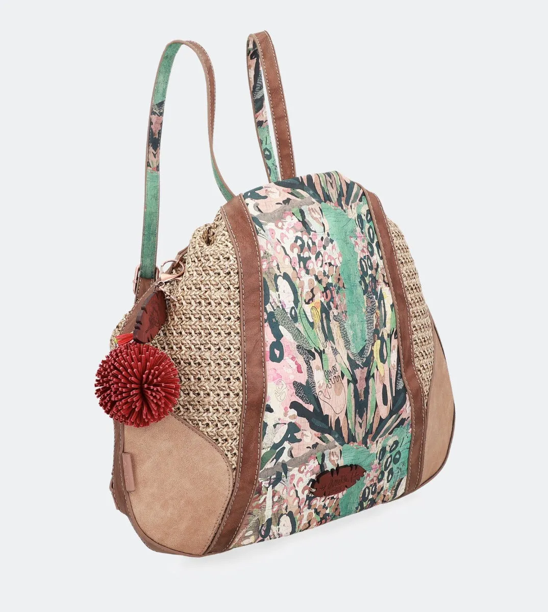 Printed raffia hobo bag-backpack