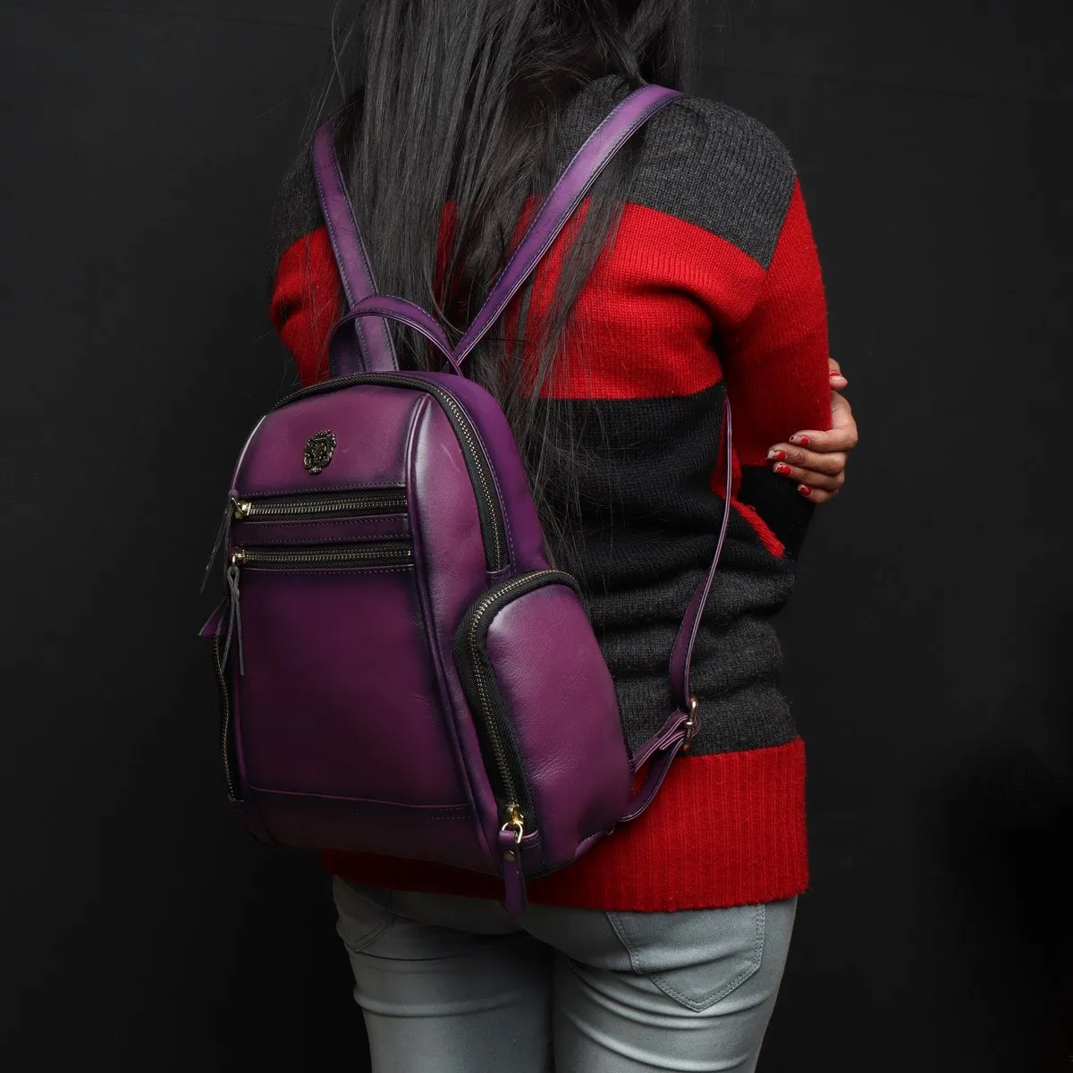 Purple Leather Signature Metal Lion Women Backpack By Brune & Bareskin