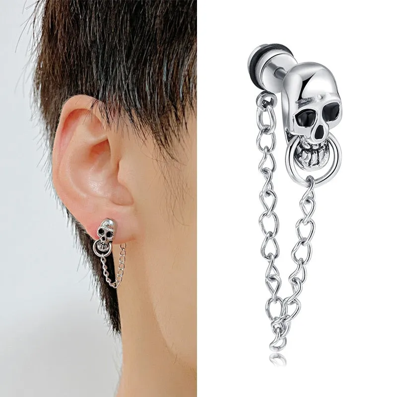 Retro Punk Skull Chain Men Stud Earrings - Gothic Hiphop Stainless Steel Jewelry