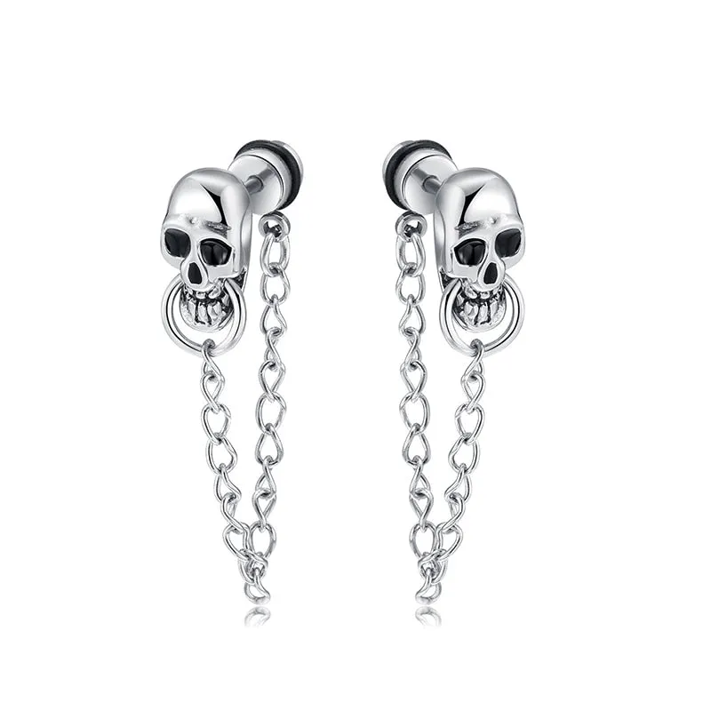 Retro Punk Skull Chain Men Stud Earrings - Gothic Hiphop Stainless Steel Jewelry