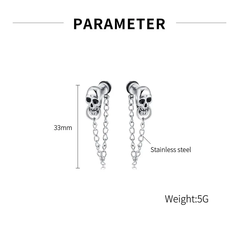 Retro Punk Skull Chain Men Stud Earrings - Gothic Hiphop Stainless Steel Jewelry