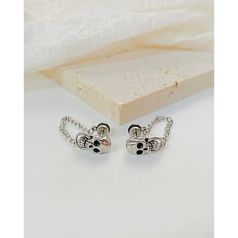 Retro Punk Skull Chain Men Stud Earrings - Gothic Hiphop Stainless Steel Jewelry