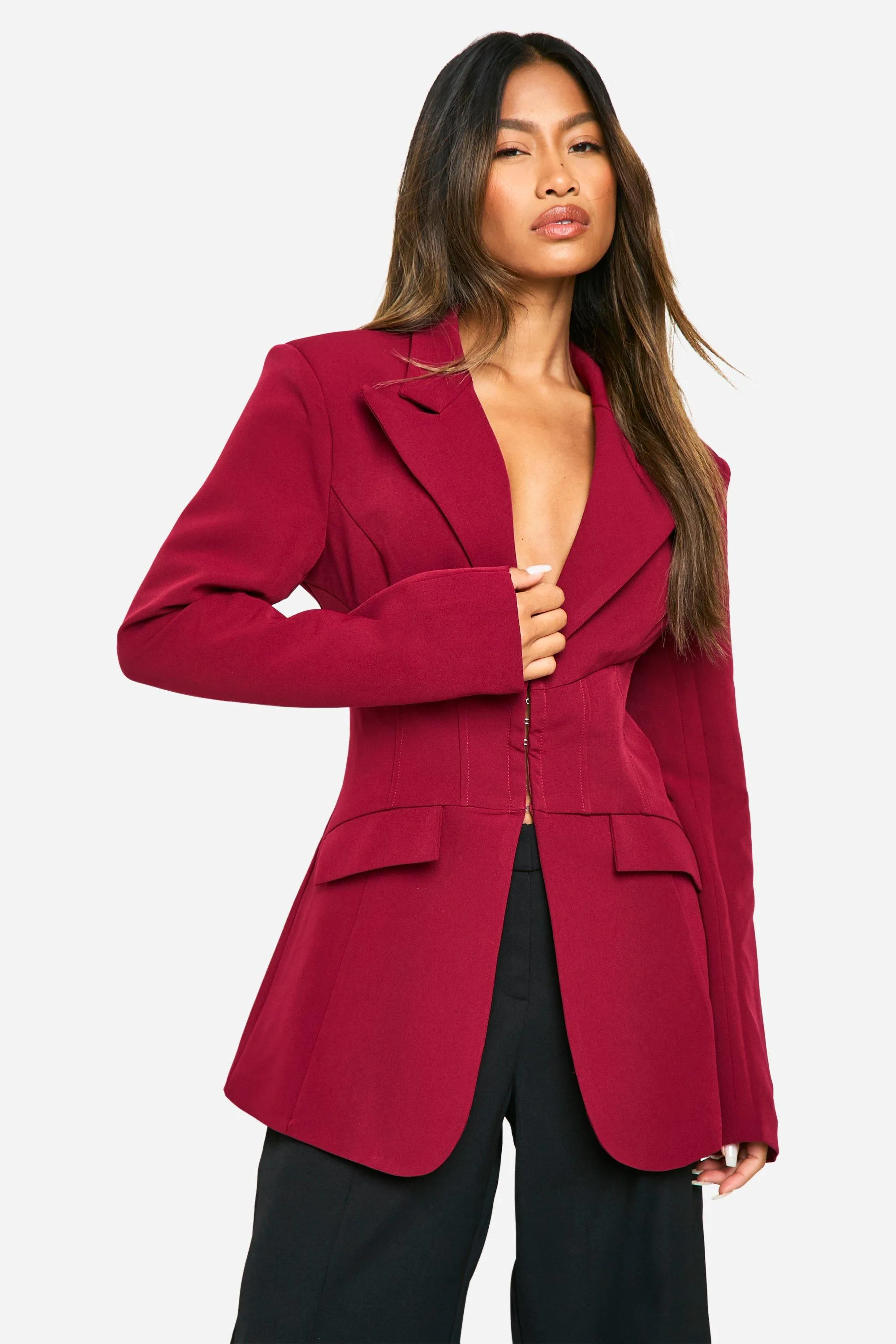 Seam Detail Cinched Waist Fitted Blazer