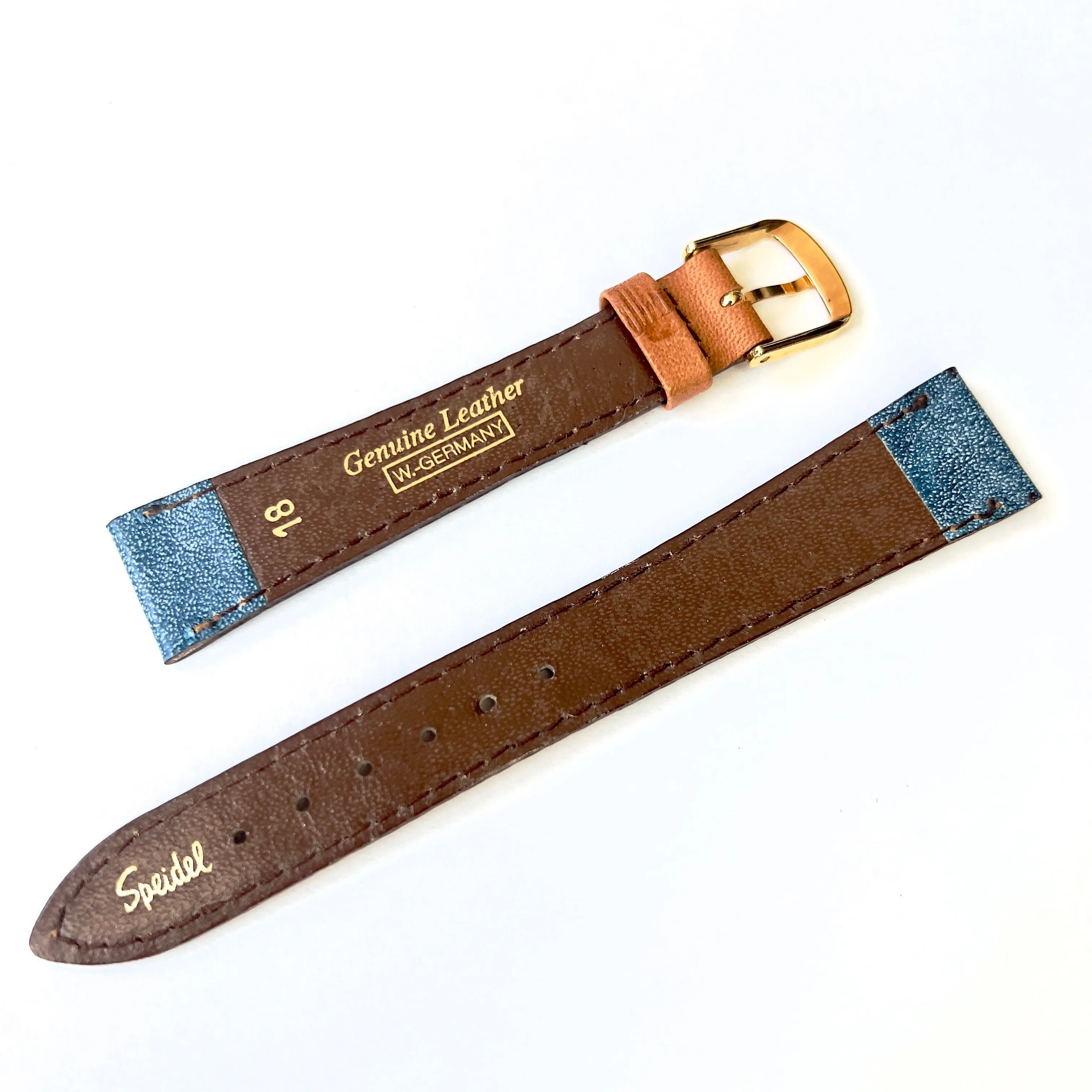 SPEIDEL 18/15mm Blue/Brown Leather Strap Band with Gold Tone Buckle