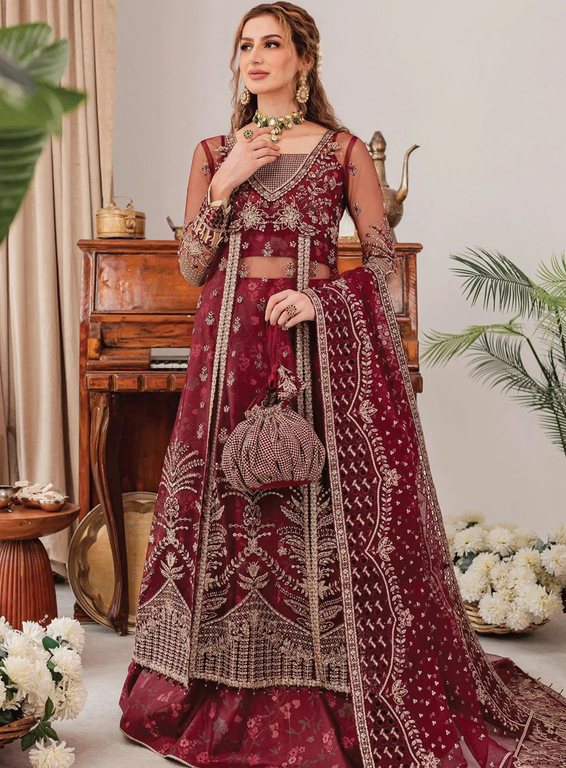 Tabeer By Farasha Embroidered Net Unstitched 4 Piece Suit - FRS23TW 01 VALENTINA