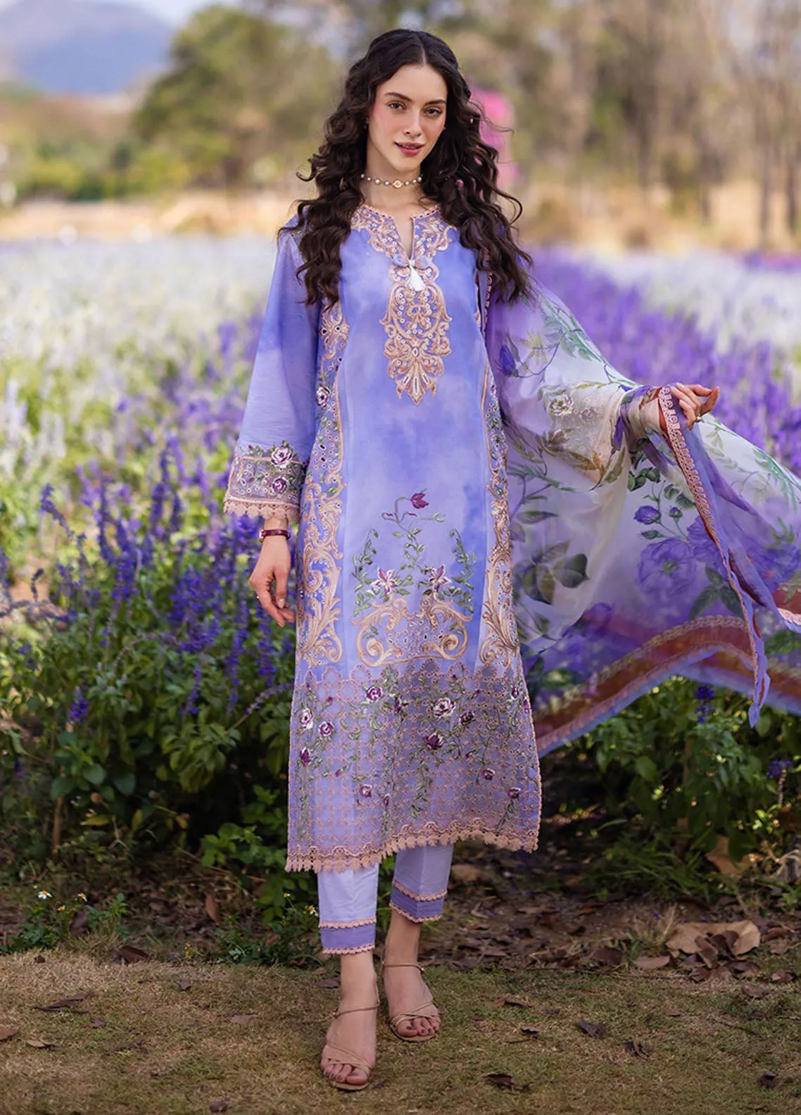 The Secret Garden By Mushq Hemline Spring Embroidered Lawn 3 Piece Unstitched Suit MQ24SGHSL D-5A PURPLE EMPEROR