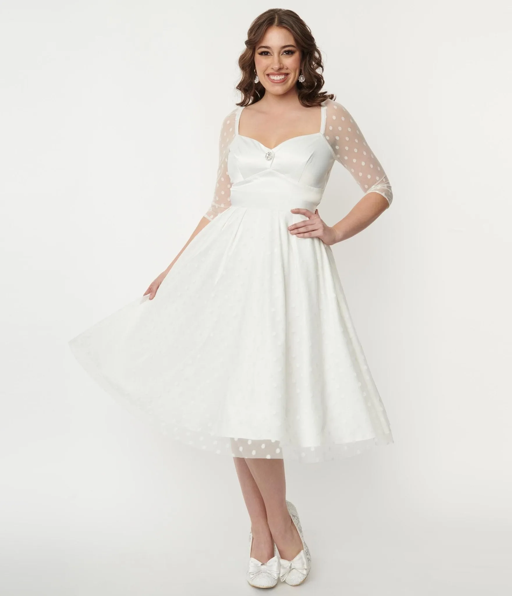 Unique Vintage Ivory Polka Dot Lamar Bridal Swing Dress