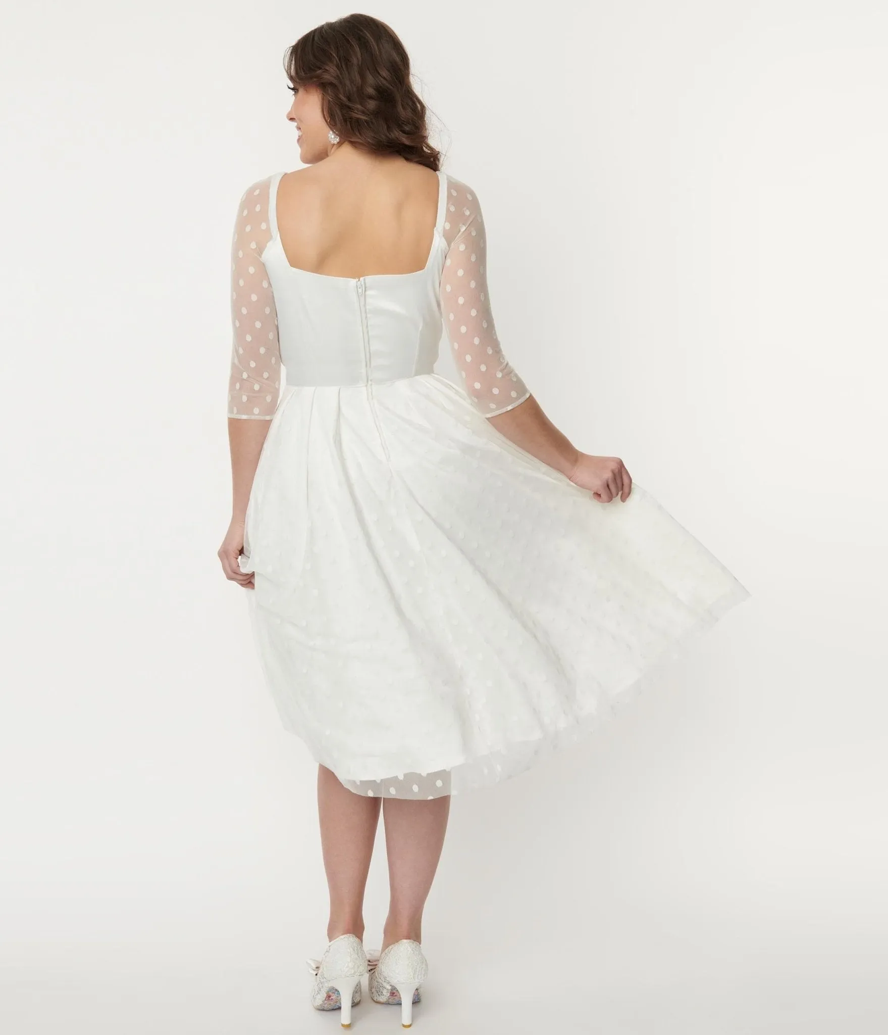 Unique Vintage Ivory Polka Dot Lamar Bridal Swing Dress