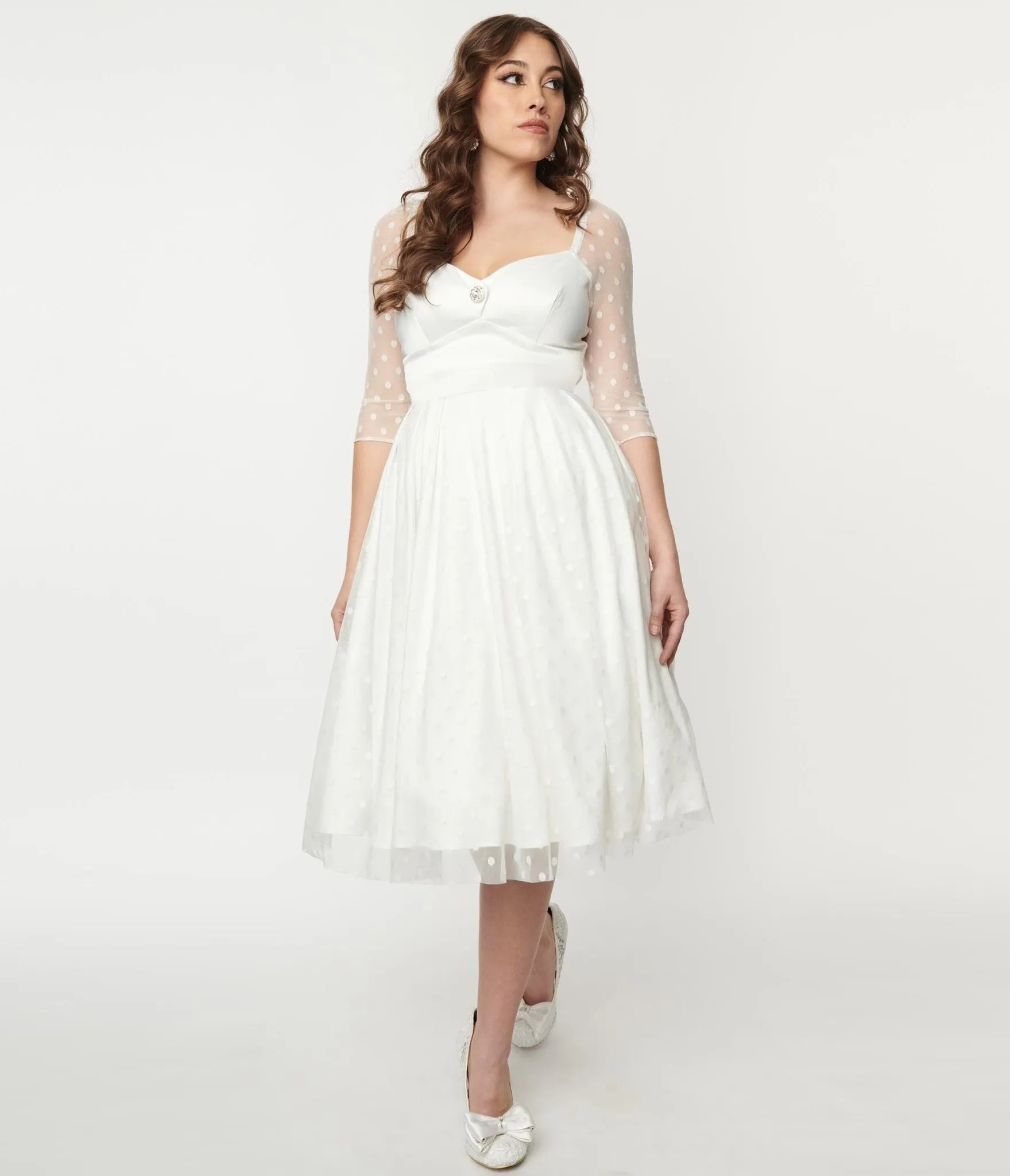 Unique Vintage Ivory Polka Dot Lamar Bridal Swing Dress