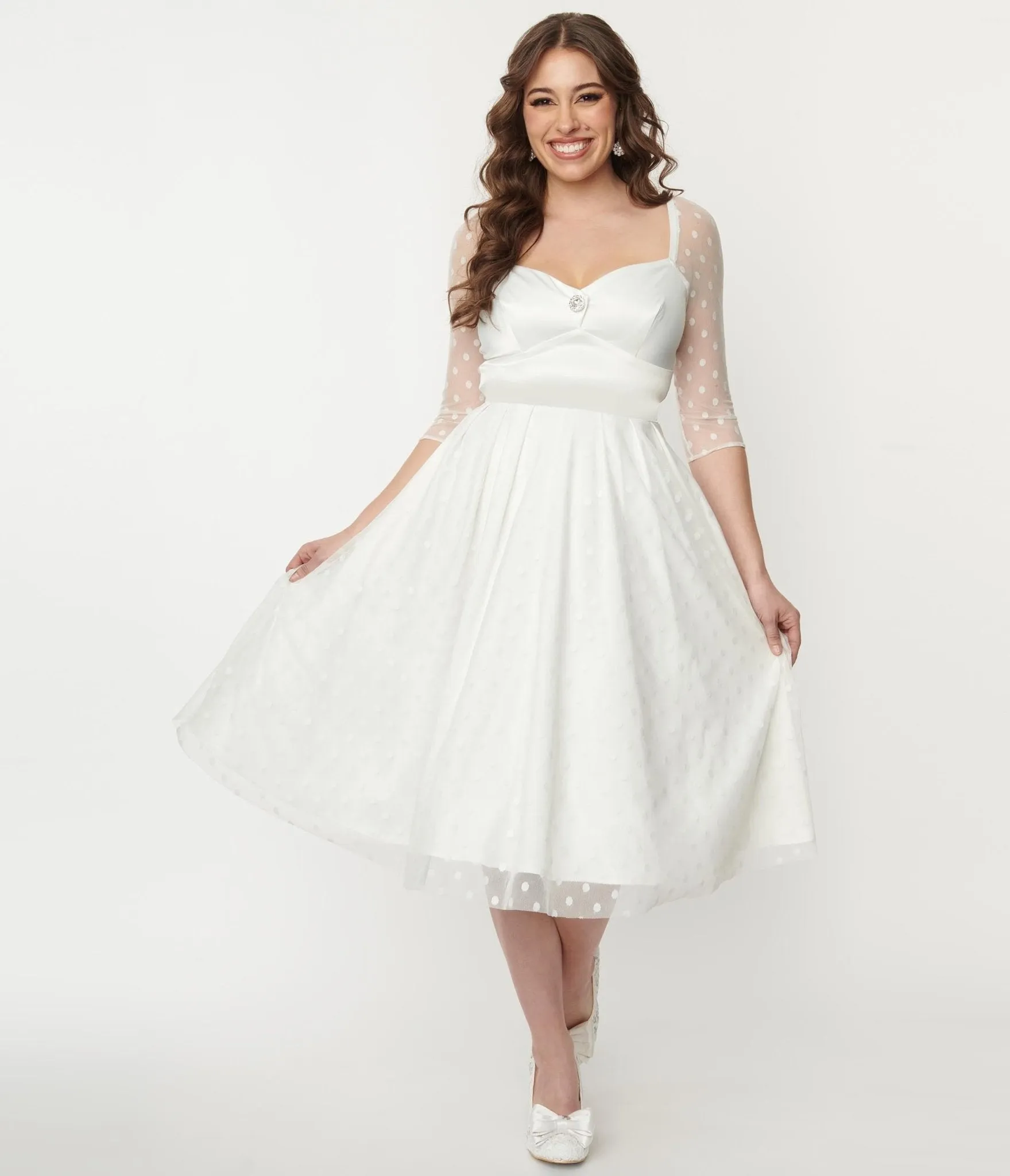 Unique Vintage Ivory Polka Dot Lamar Bridal Swing Dress