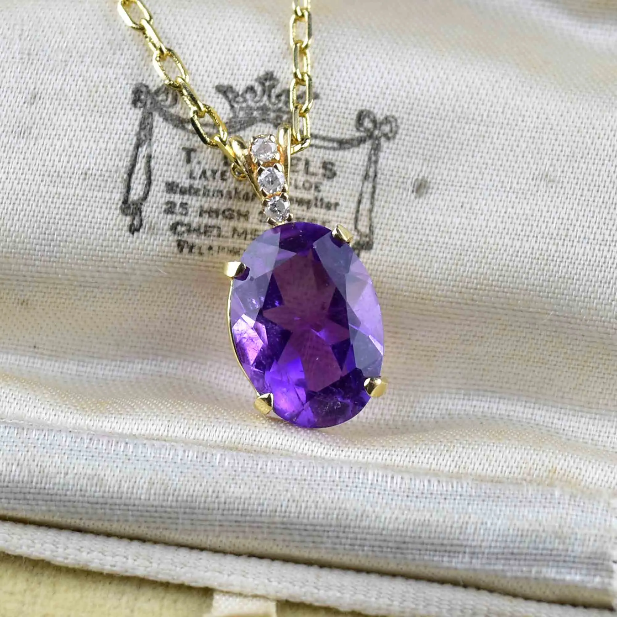 Vintage 14K Gold Diamond Amethyst Pendant Necklace