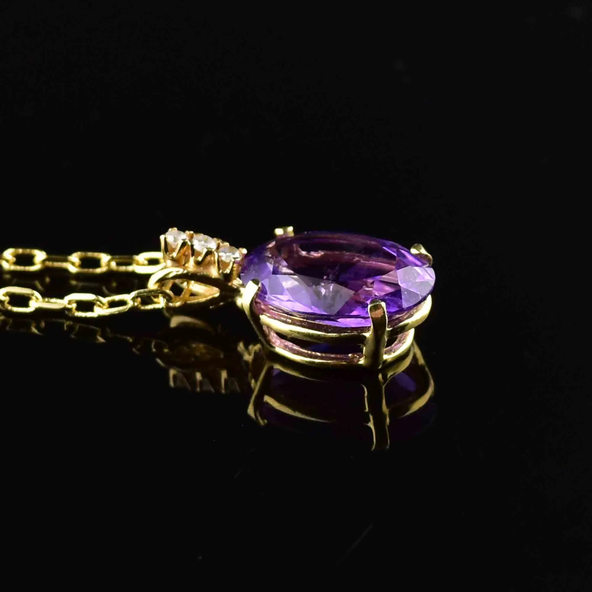 Vintage 14K Gold Diamond Amethyst Pendant Necklace