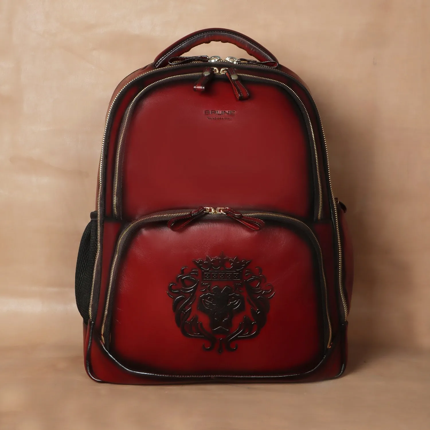 Wine Leather Backpack With Multi Zipper Pockets