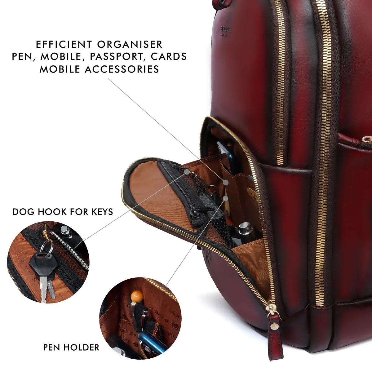 Wine Leather Backpack With Multi Zipper Pockets