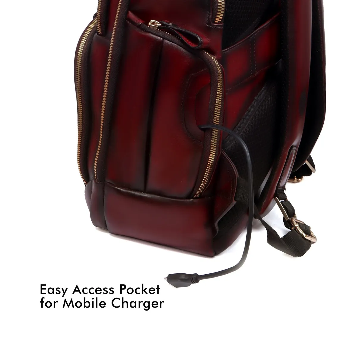 Wine Leather Backpack With Multi Zipper Pockets