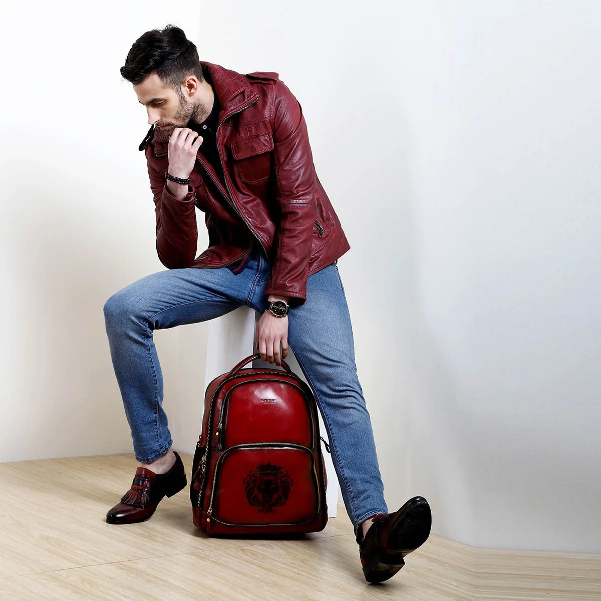 Wine Leather Backpack With Multi Zipper Pockets