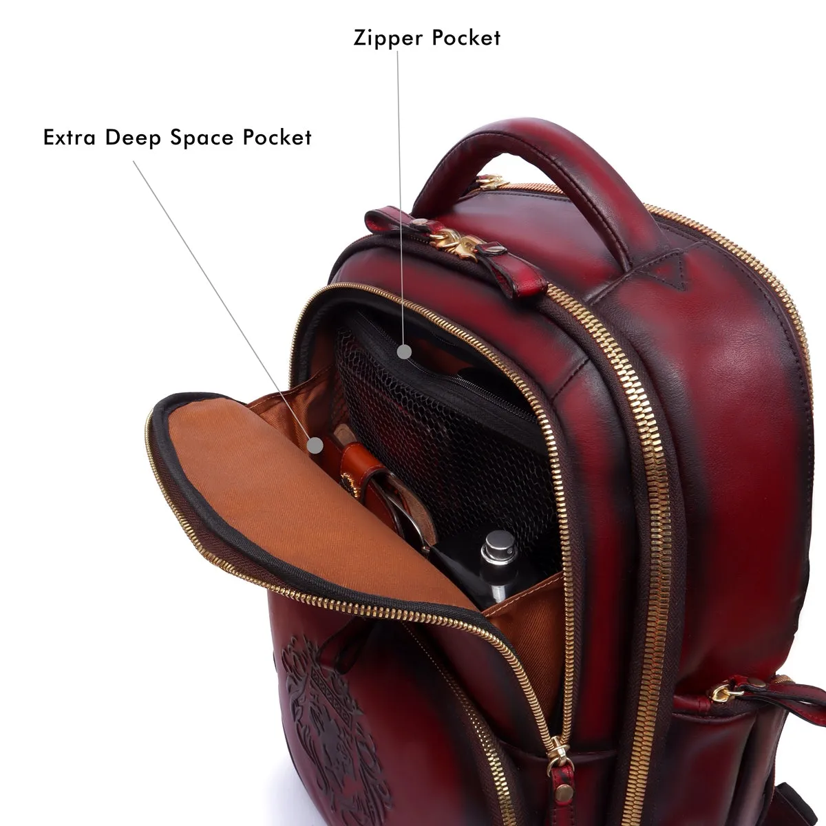 Wine Leather Backpack With Multi Zipper Pockets