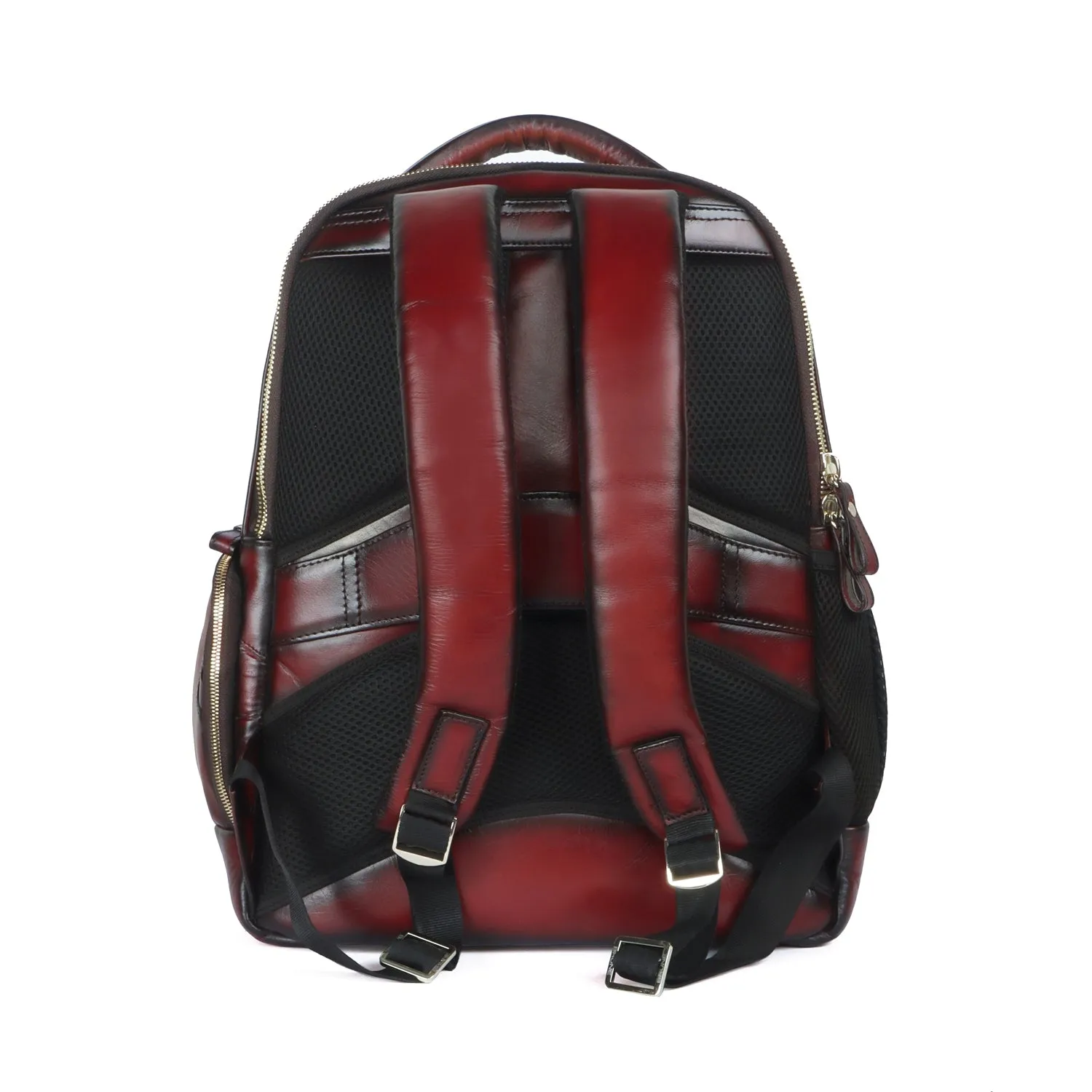 Wine Leather Backpack With Multi Zipper Pockets