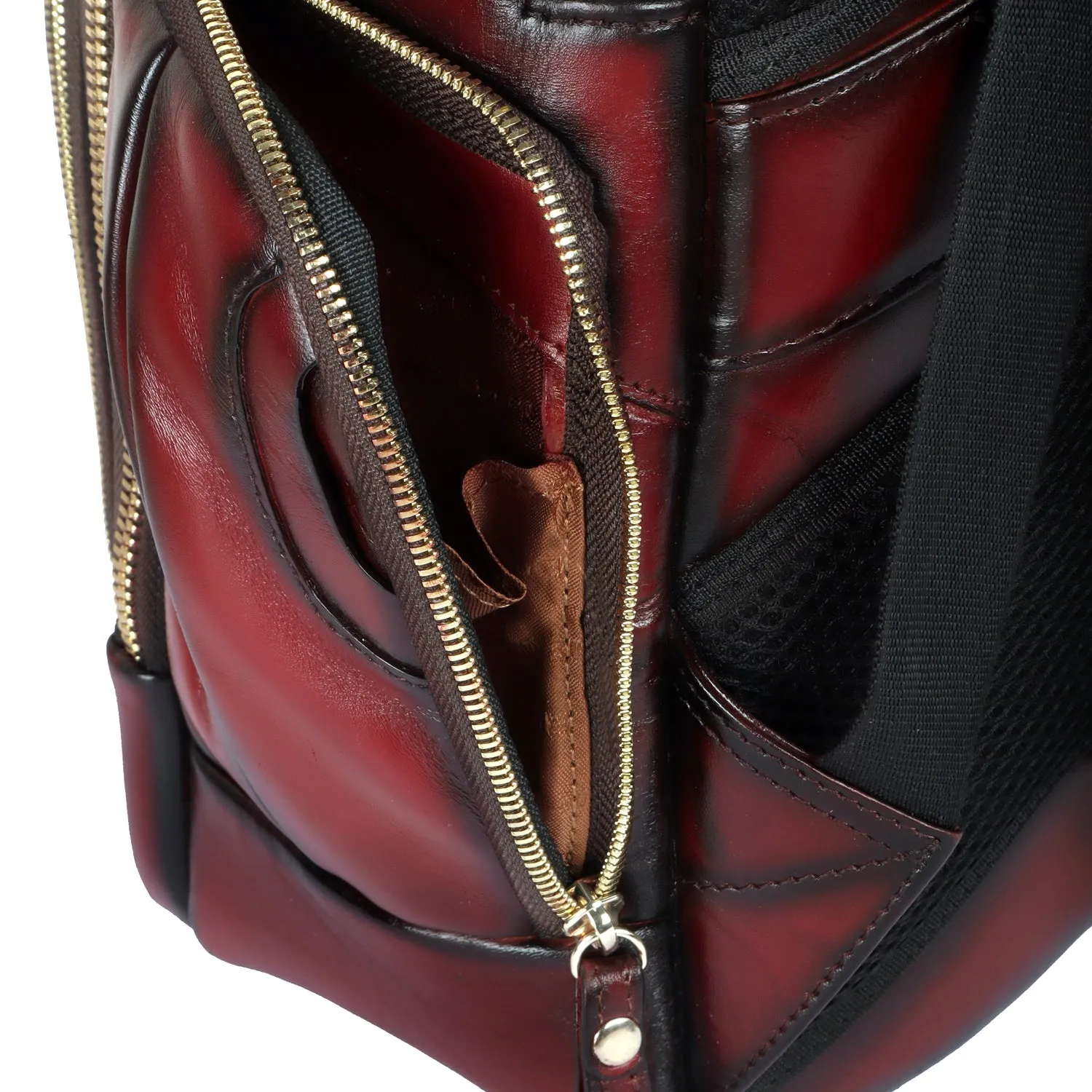 Wine Leather Backpack With Multi Zipper Pockets