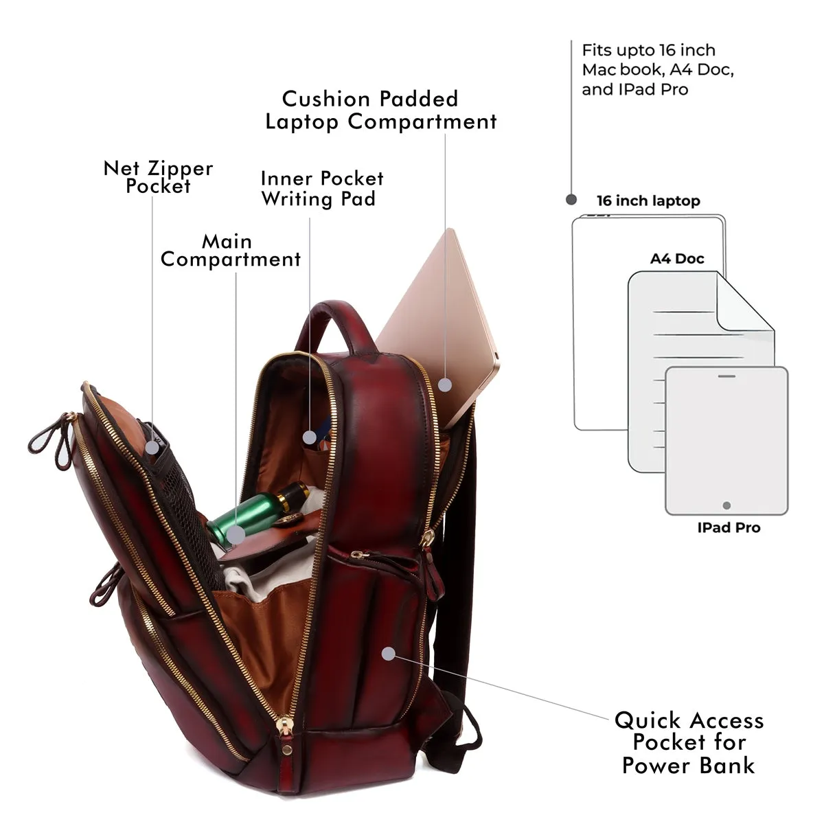 Wine Leather Backpack With Multi Zipper Pockets