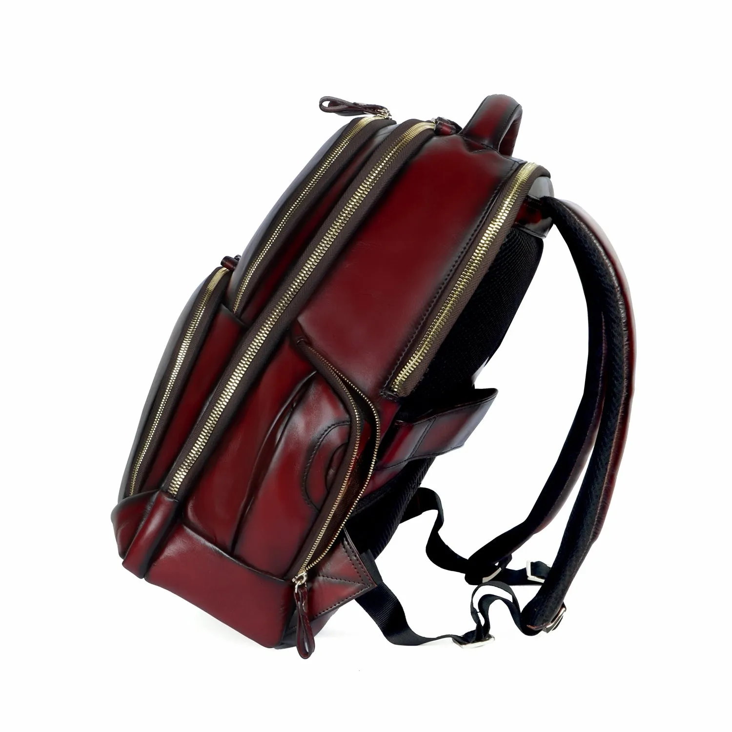 Wine Leather Backpack With Multi Zipper Pockets