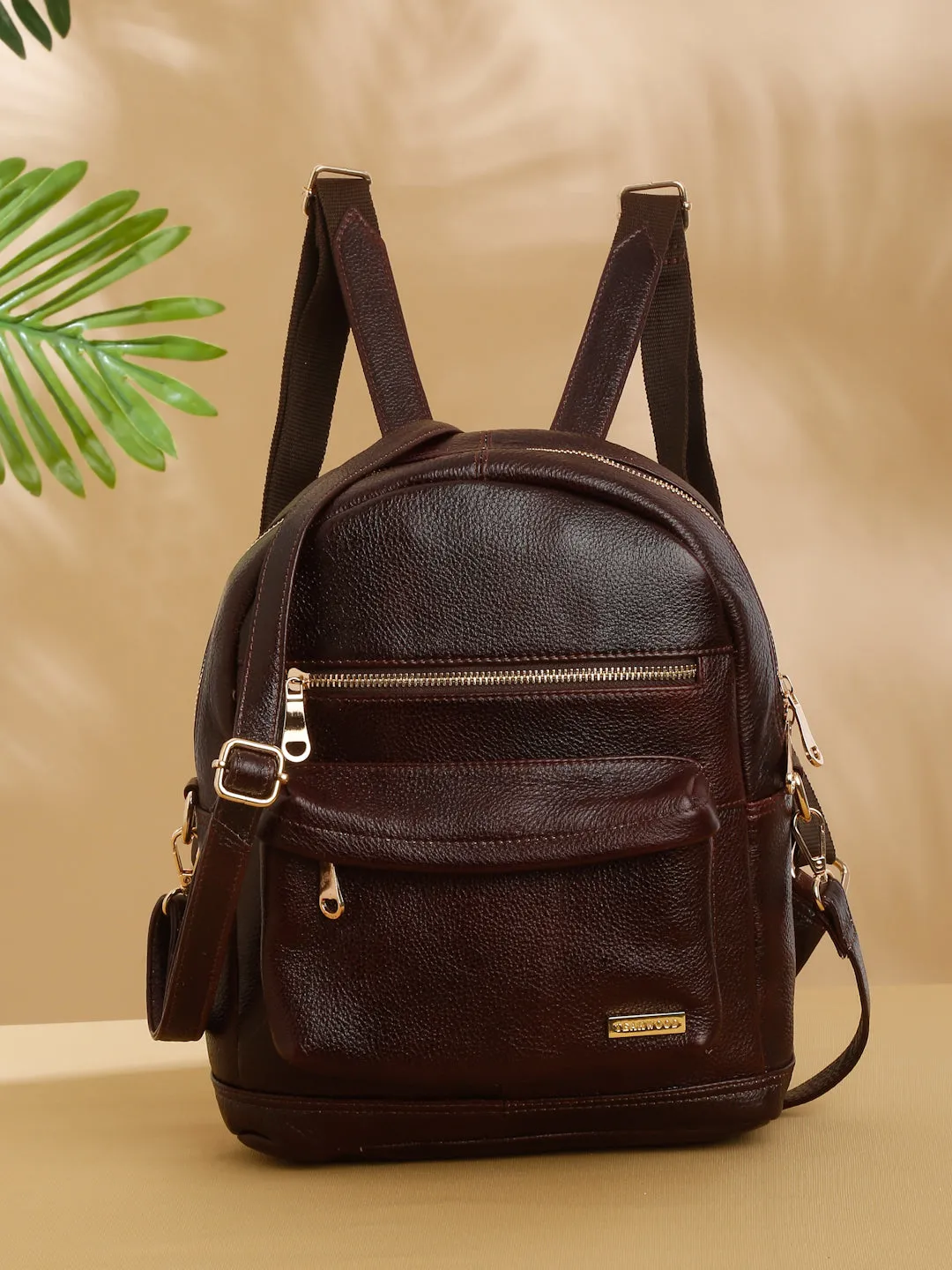 Women Brown Texture Leather Backpack