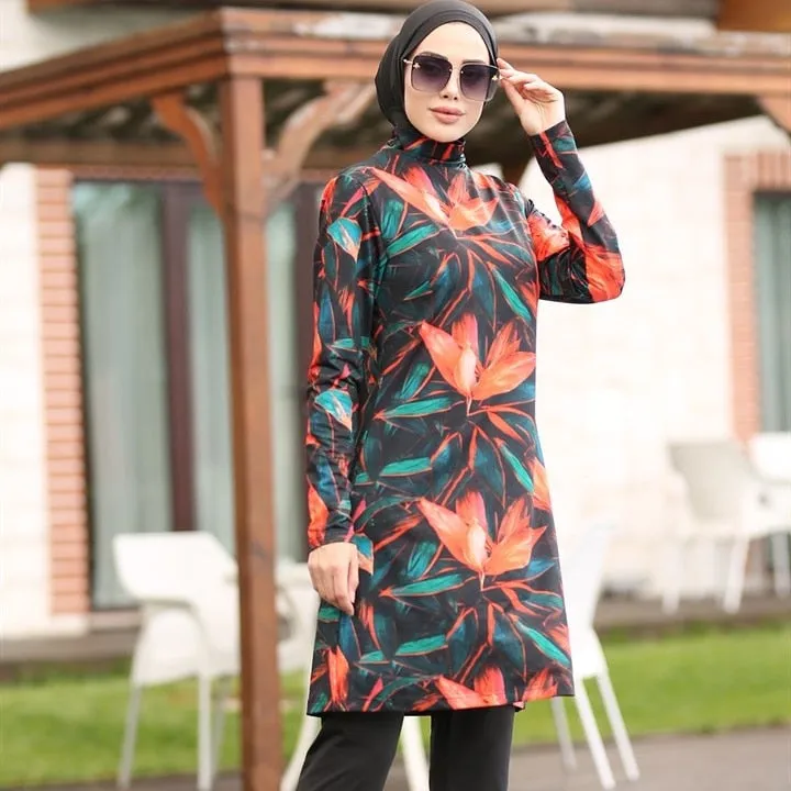 Women Muslim Swimwear Maple Leaf Printing