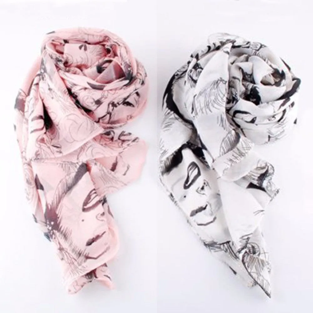 Women Sexy Chiffon Silk Scarf Lip Pretty Marilyn Monroe Head Print Shawl Wraps Shades Scarves SM6