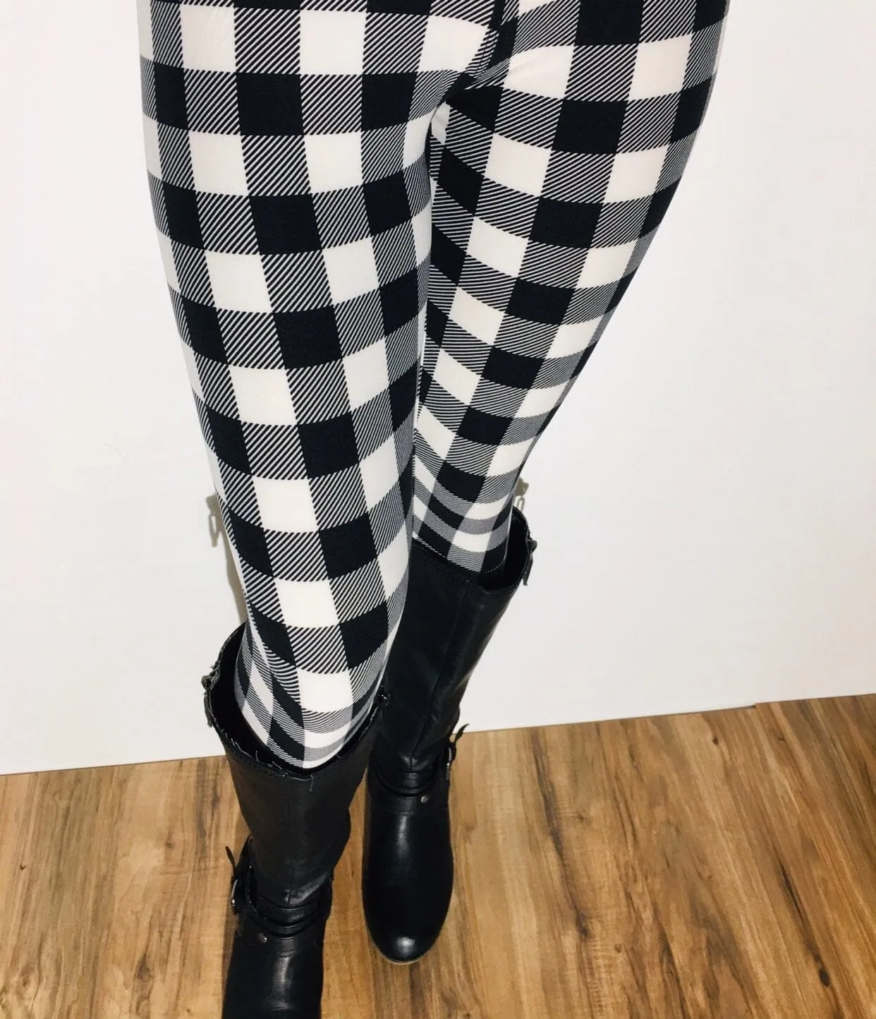 Womens Plaid Leggings | Black White Plaid Leggings | Yoga Pants | Footless Tights | Yoga Waistband