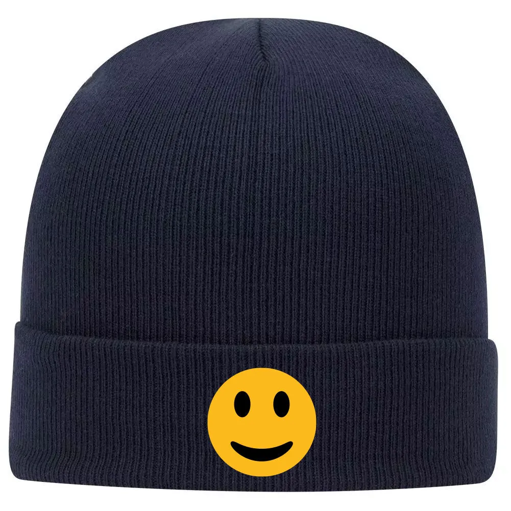 Yellow Happy Face Suede Like Feel Printed Superior Cotton Blend 12 Classic Knit Cuff Beanies for Men & Women