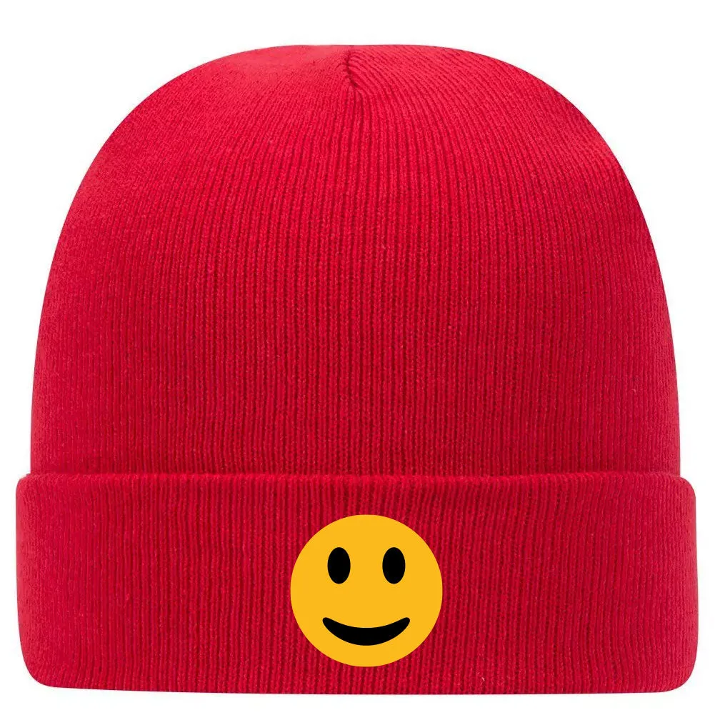 Yellow Happy Face Suede Like Feel Printed Superior Cotton Blend 12 Classic Knit Cuff Beanies for Men & Women